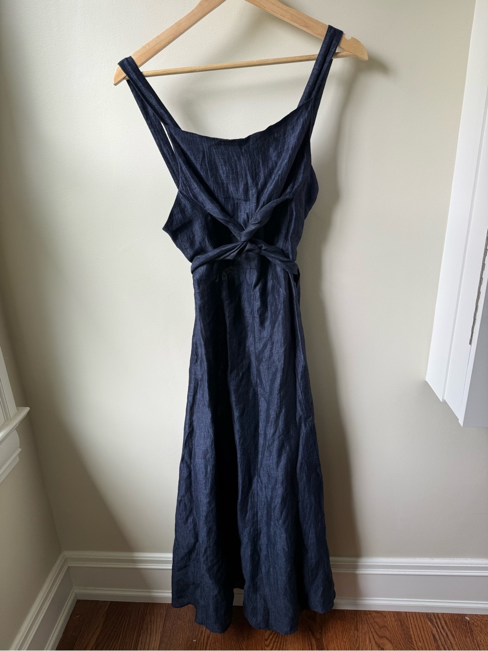 MASSCOB Linen Blend Textured Tie maxi Dress Sundress Quiet Luxury Navy Blue L